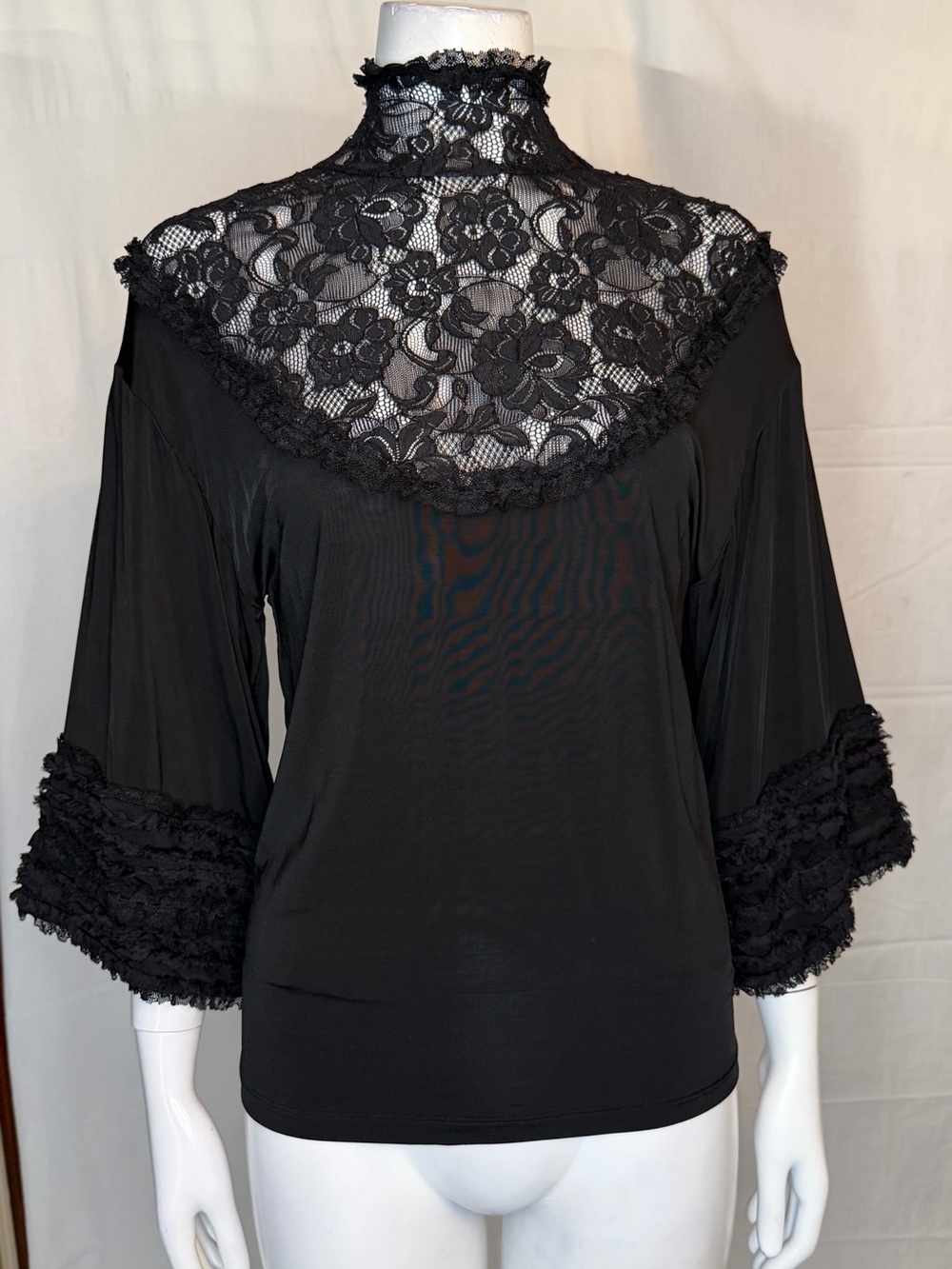 Black Lace Yoke Mock Neck Women's Top
